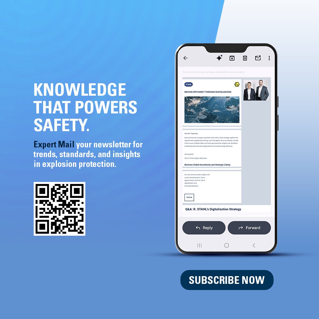 rstahlgroup's tweet image. 🔹 In explosion protection, knowledge = safety.​

With EXpert Mail, get the latest in explosion protection: standards, innovations &amp;amp; webinars that keep you one step ahead.​

📩 Subscribe now: eu1.hubs.ly/H0n34Ly0

#ExplosionProtection #ProcessSafety #Innovation