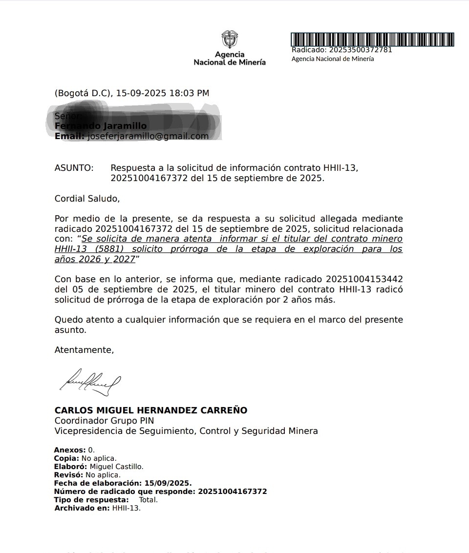 Presidente <a href="/petrogustavo/">Gustavo Petro</a> contarle que la empresa minera #Quebradona de AngloGold Ashanti el 5 de sept volvió a solicitar a la <a href="/ANMColombia/">AgenciaNaldeMinería</a> prórroga de exploración minera por dos años en #Jericó. Esperamos que <a href="/ANMColombia/">AgenciaNaldeMinería</a> no lo vuelva a traicionar. <a href="/linafrancoi/">Lina Franco</a> #JericóSinMinería