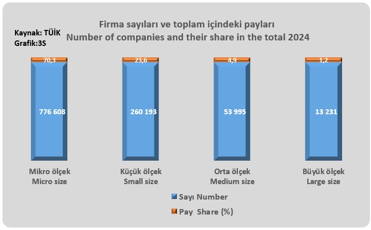 TÜİK'E GÖRE (ÖLÇEĞE GÖRE FİRMALAR VE PAYLARI):  Firma sayıları ve toplam içindeki payları/ Number of companies and their share in the total, 2024. Kaynak: #tüik