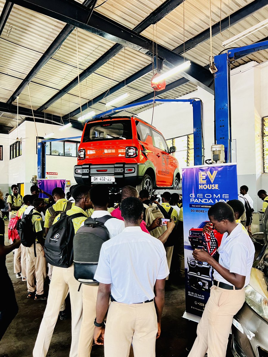EVHouseltd's tweet photo. "Sparking Ghana's EV future! 🚗⚡️ EV House LTD partners with Accra Technical Training Center, bringing hands-on experience with Geely Panda Mini to students. #EVHouse #GhanaEV #FutureOfMobility https://t.co/g01CCnihVx