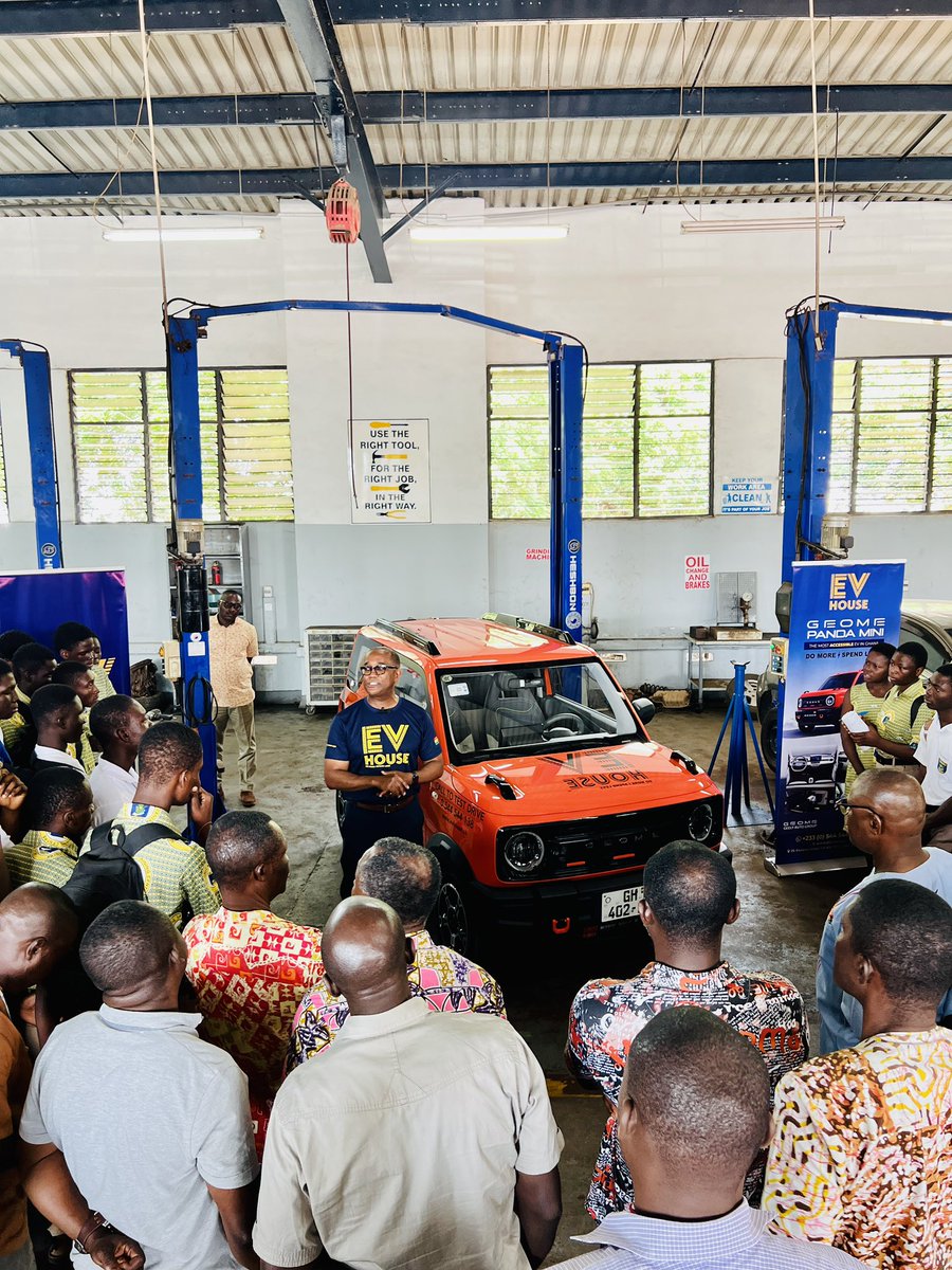 EVHouseltd's tweet photo. "Sparking Ghana's EV future! 🚗⚡️ EV House LTD partners with Accra Technical Training Center, bringing hands-on experience with Geely Panda Mini to students. #EVHouse #GhanaEV #FutureOfMobility https://t.co/g01CCnihVx