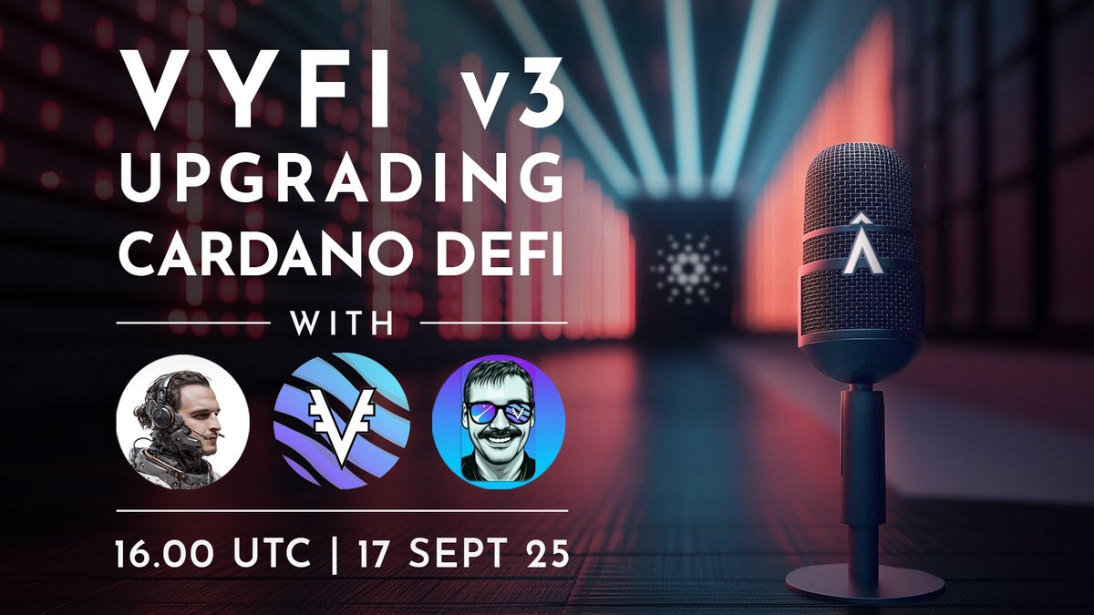 Join us September 17th at 16h UTC for our next X Space with VyFinance.

We'll have Steven on from VyFi, talking about how they plan to make Cardano DeFi better, faster and cheaper!

Link to the Space below 👇