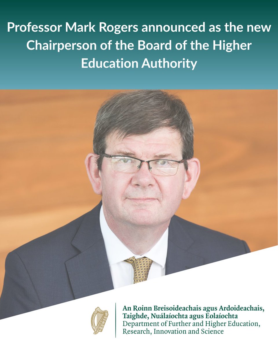 Minister <a href="/lawlessj/">James Lawless</a> has announced the appointment of a new Chairperson to the Board of the <a href="/hea_irl/">HEA</a>.

“Professor Rogers brings significant leadership, governance and higher education experience, that will assist the Authority in delivering on its strategy"

gov.pulse.ly/ah5kdd7xiy
