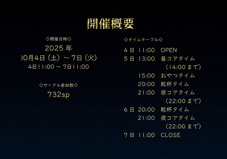 【頭割りだョ！ヒカセン集合7】タイムテーブルはこちらです！
3日目　乾杯タイム・夜コアタイム
4日目　展示やネップリ、感想など
といったイメージで設定しております！
もちろんこの例以外でもあなただけの頭割りを自由に楽しんでください！
ピクリエ会場：picrea.jp/event/00603386…
