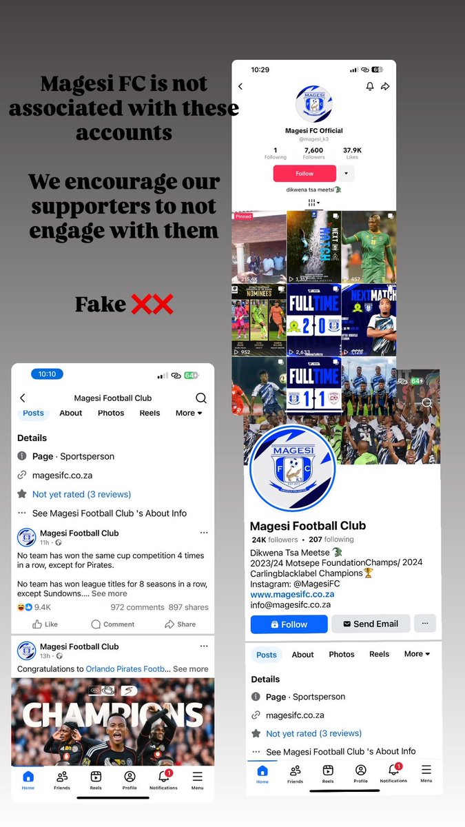 Magesi_FC's tweet image. We encourage our supporters to not engage with them 

FAKE ACCOUNTS ❌❌❌

Thank you 🐊🙏

These are the rightful accounts 

Instagram: instagram.com/magesifc?igsh=…

Facebook: facebook.com/share/1B4CxZYH…

TikTok: tiktok.com/@magesifc_k3?_…