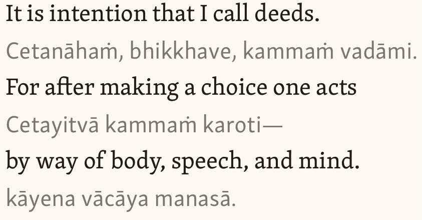 SuttaSlime's tweet image. in Buddhism, kamma (karma, or “action”) requires INTENTION (cetanā).

accidentally stepping on a bug is not an act of wicked kamma, because there was no intention to cause harm.

even in the Vinaya (monastic rules), INTENTION determines whether or not an act is a violation.