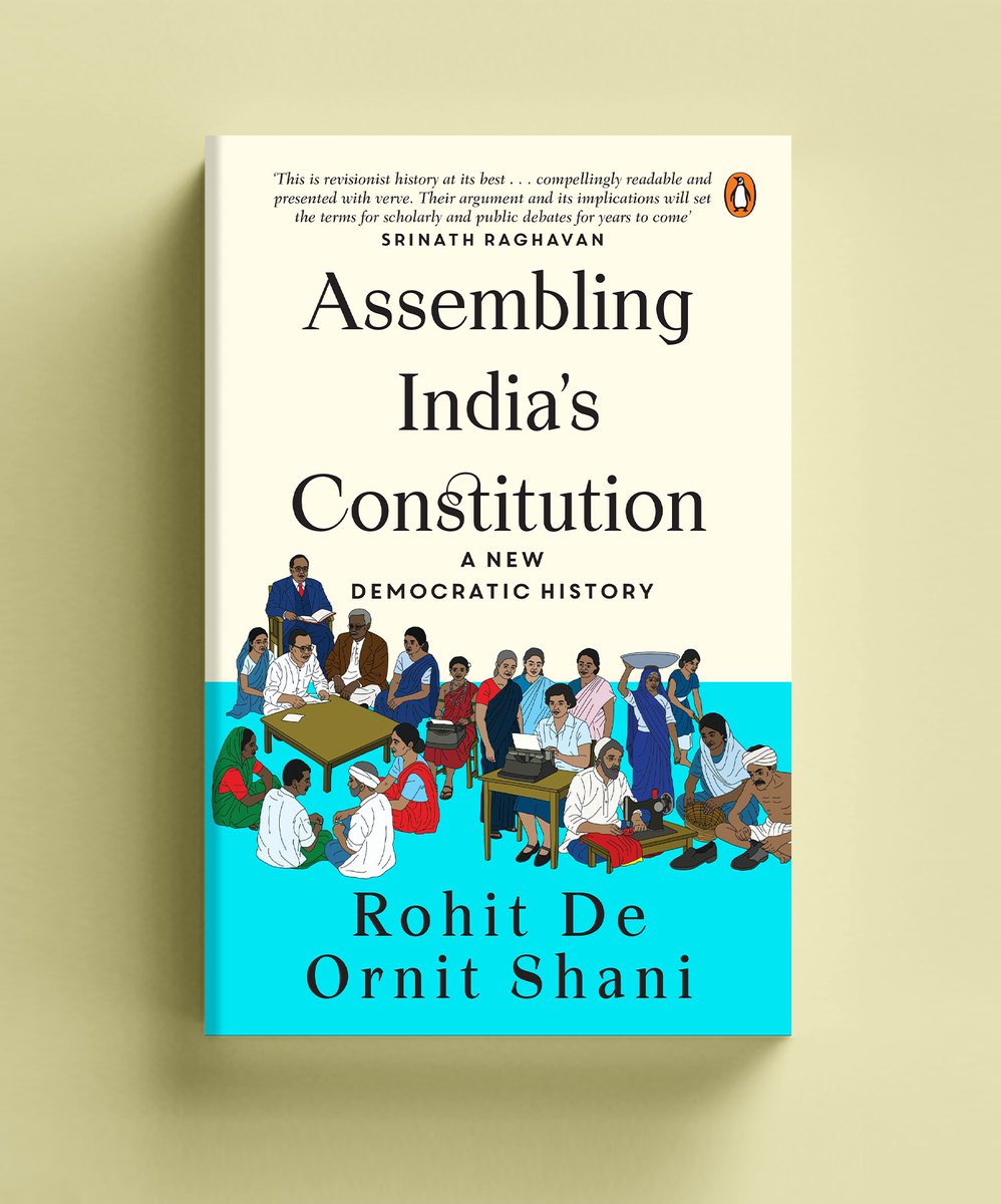 __eitheror's tweet image. Illustrated by Siddhesh Gautam (@siddheshgautam) &amp;amp; designed by me (Shadab Khan), the jacket of “Assembling India’s Constitution” (@itihaasnaama and @OrnitShani) layers history with design. Pantone blue grounds it with calm authority; bold serif type adds permanence.