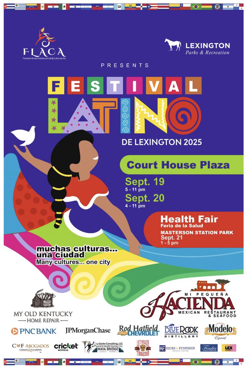 Celebrate Latin American art and culture in the heart of downtown Lexington at the Festival Latino de Lexington, September 19 and 20. With live music, dance, visual arts and authentic cuisine, there is plenty to explore and enjoy. 

For more information, visit