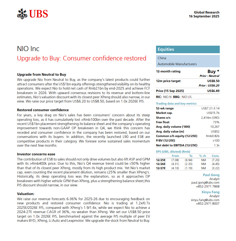 NIOSwitzerland's tweet photo. Yes just received it i will not publish the 20 pages but only this one.
NIO Inc UBS Upgrade to Buy: Consumer confidence restored.
NIO to $100 https://t.co/I4dKWf8jJy