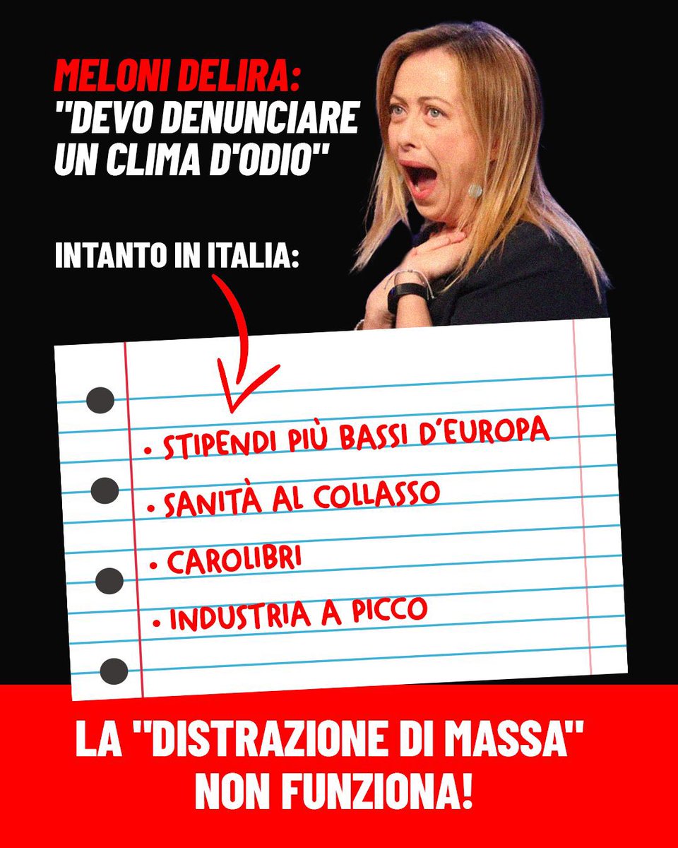 Meloni, sostenuta da media compiacenti, agita spauracchi che non esistono. Intanto, il Paese va a picco e milioni di italiani fanno la fame.