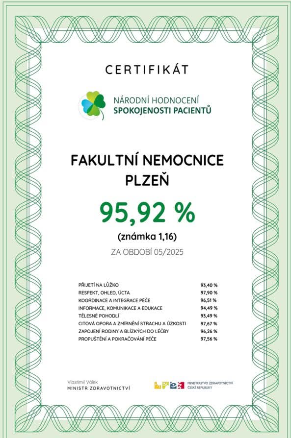 Letošní Národní hodnocení spokojenosti hospitalizovaných pacientů dopadlo pro FN Plzeň výborně, celková spokojenost byla  ve výši 95,92 %🤩👏🏻

Hodnocení pořádá každoročně ministerstvo zdravotnictví a z celkem 37 zapojených nemocnic se FN Plzeň umístila na krásném 10. místě.