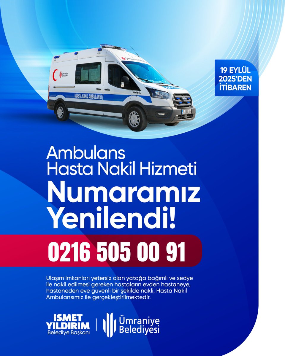 Komşularımızın her zaman yanındayız!

🚑 Hasta Nakil Ambulansı numaramız yenilendi:

📞 0216 505 00 91

19 Eylül 2025’ten itibaren, yatağa bağımlı ve nakil ihtiyacı olan hastalarımızı evlerinden alıp güvenle hastaneye, hastaneden tekrar evlerine ulaştırıyoruz.