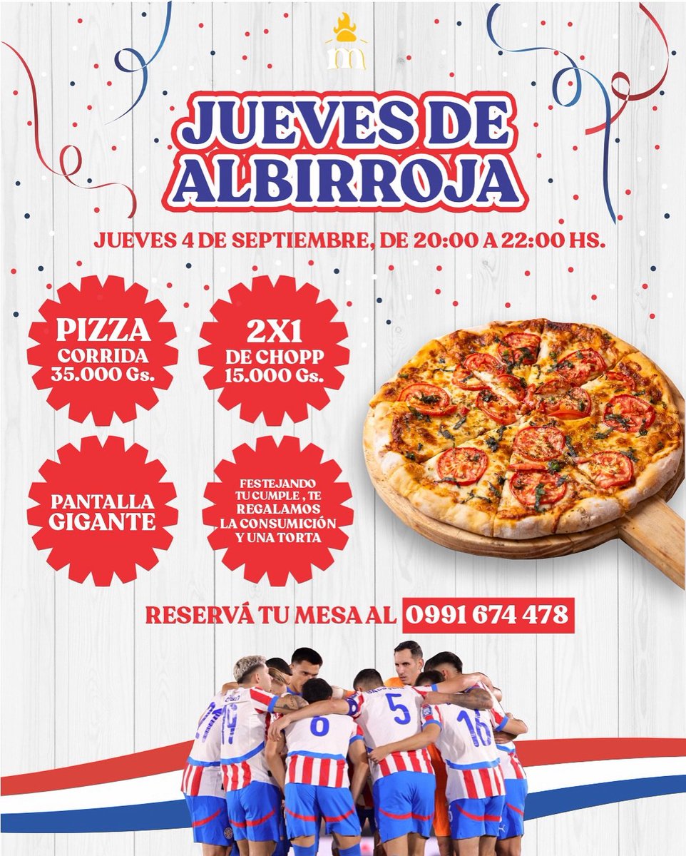masapanpy's tweet photo. ¡Hoy jueves 4 de septiembre, la fiesta está en Masapan Comidas! 📷 Ven a disfrutar del partido entre Paraguay y Ecuador en nuestra gran pantalla digital.

📷 Pizza corrida por solo 35.000 guaraníes por persona. Además, ¡tenemos 2x1 en chop a 15.000 guaraníes! https://t.co/aHa25lmi2t