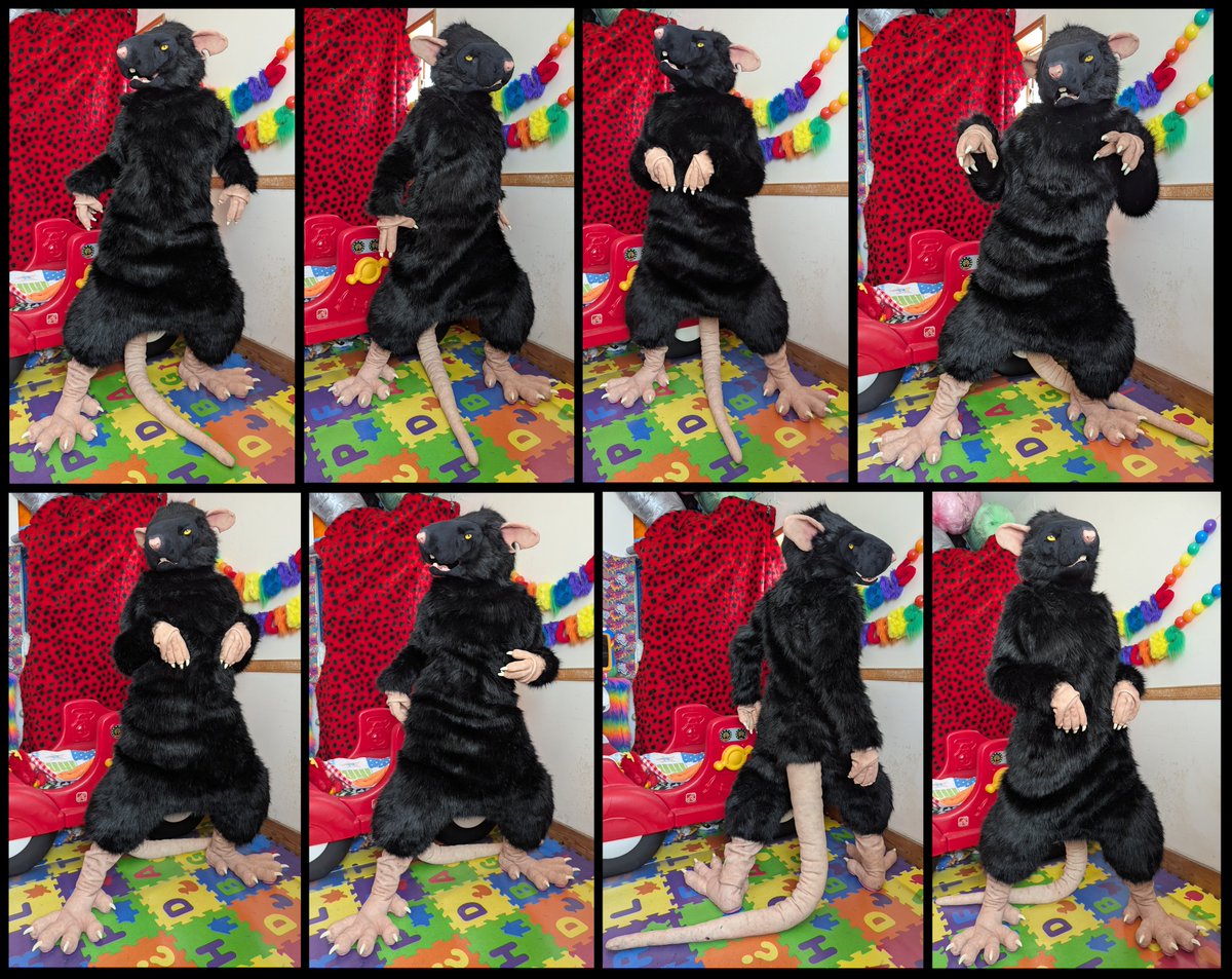 Here's the full rat fursuit for <a href="/oiliers/">Slorbin 🐀 AC</a>! Features a dropped-crotch bodysuit, slim-fit footpaws, and a realistic-style head with moving jaw. The head base is my own sculpt, cast in poly-resin.