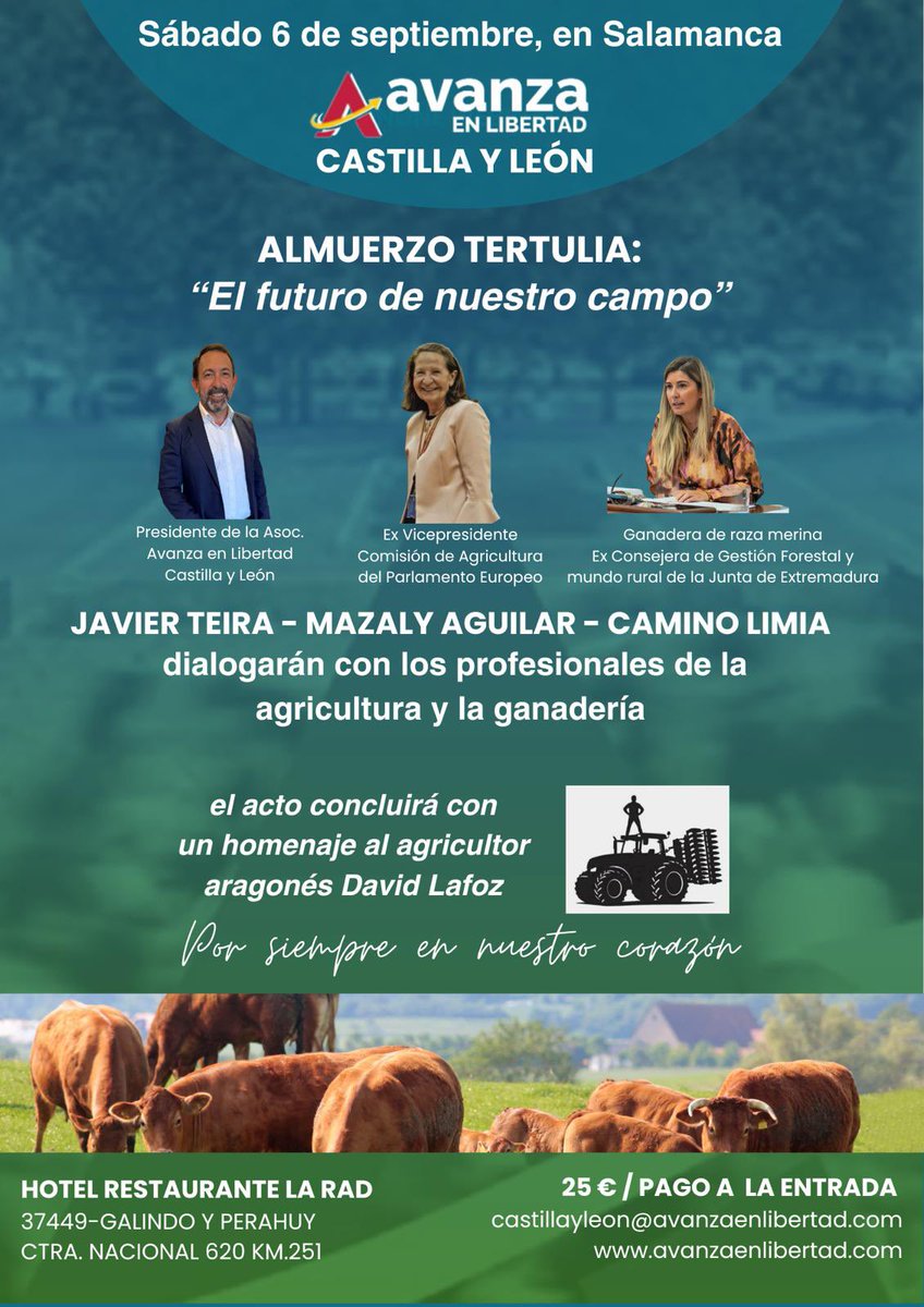El próximo sábado 6 de septiembre, visita a #salamaq y almuerzo tertulia en #salamanca con <a href="/MazalyAguilar/">Mazaly Aguilar</a>, <a href="/CaminoLimia/">Camino Limia</a>  y <a href="/Avanza_libre/">Avanzaenlibertad</a> #ElCampoAvanza Homenaje a #DavidLafoz #siempreennuestrocorazón #ganaderia #agricultura #campo #EspañaPatriaDeLaLibertad