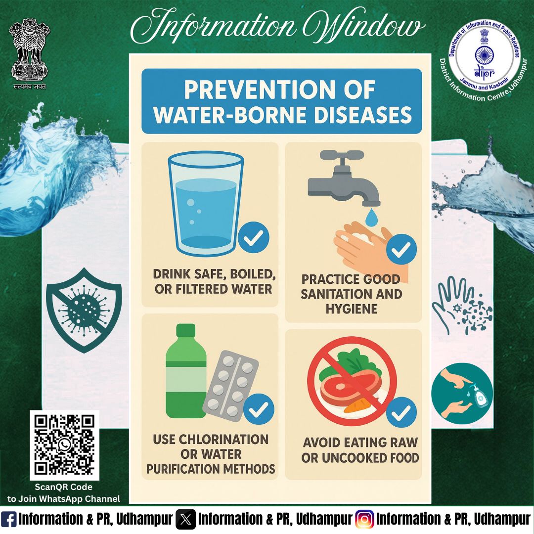 dioudhampur's tweet image. 💧 Follow these crucial steps to prevent water-borne diseases:

✅ Drink safe, boiled, or filtered water.
✅ Practice good sanitation &amp;amp; hygiene.
✅ Use chlorination or water purification methods.
✅ Avoid eating raw or uncooked food.

#WaterSafety #HealthTips #DiseasePrevention