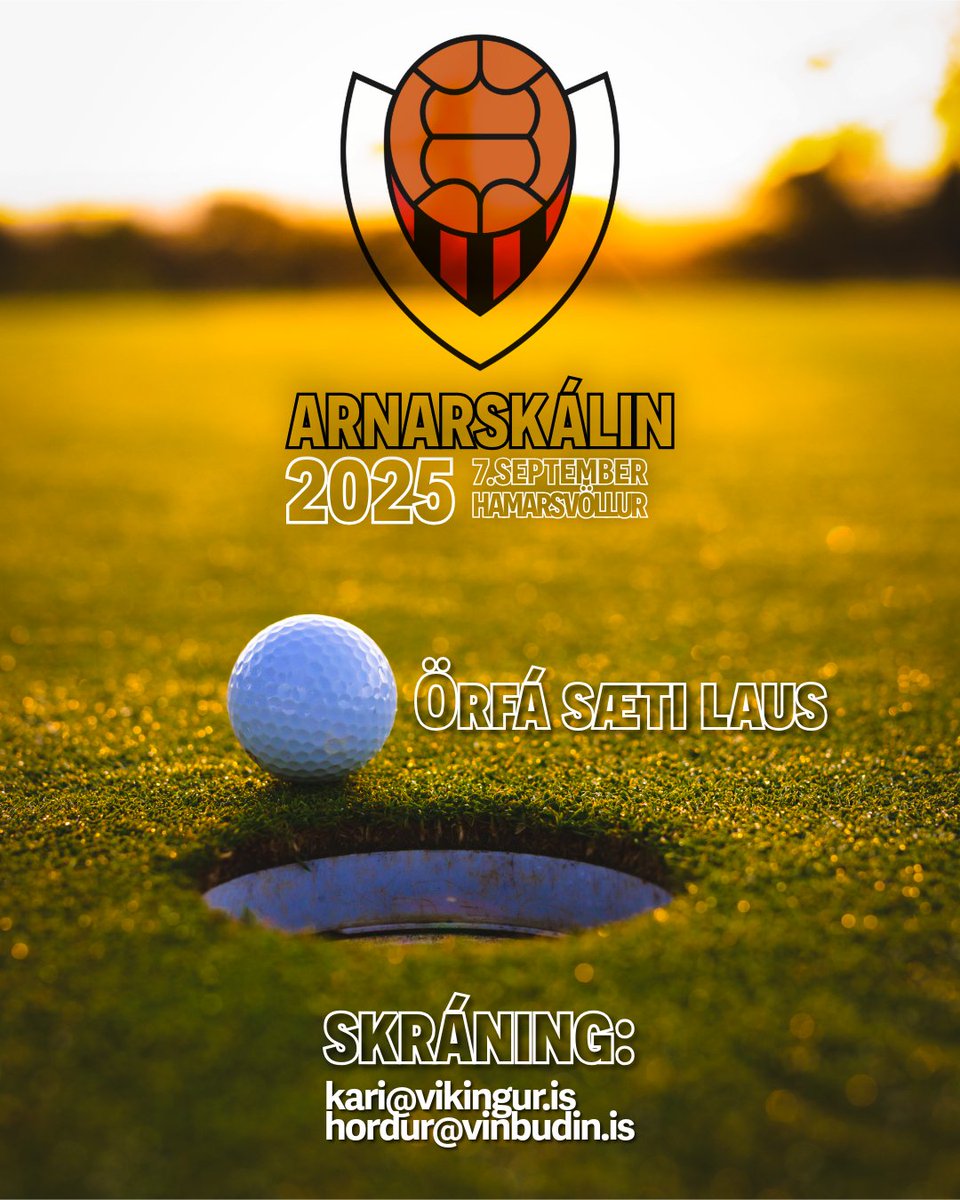 Kæru Víkingar. Það eru örfá sæti laus í golfmót Víkings, Arnarskálina. Vinningar að andvirði 1.5 milljónir og spáin gæti ekki verið betri. Heiðskírt, 12 gráður og logn. Veisla! Skráning hjá kari@vikingur.is og hordur@vinbudin.is Takk. ❤️🖤