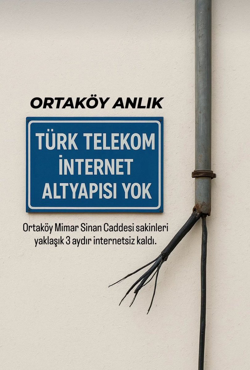 Ortaköy Mimar Sinan Caddesi sakinleri yaklaşık 3 aydır internetsiz kaldı. Vatandaşların iddiasına göre Balcı yolu yapım çalışmaları sırasında Türk Telekom’a ait internet kabloları koptu.

<a href="/TurkTelekom/">Türk Telekom</a>