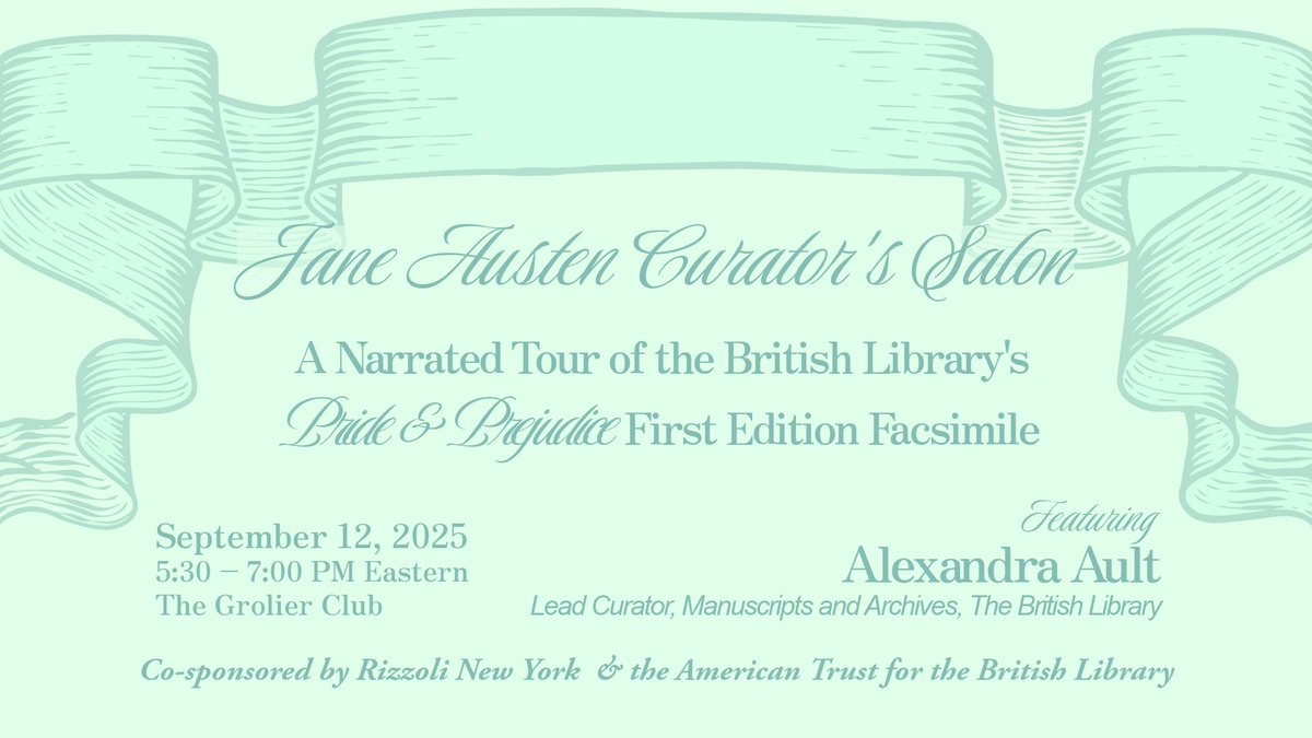 We are excited to announce a special Curator's Salon on Sept 12 with <a href="/AlexandraAult/">Dr Alexandra Ault</a>, <a href="/britishlibrary/">British Library</a> curator, who will present and narrate <a href="/Rizzoli_Books/">Rizzoli Publications</a>' new first-edition facsimile of Pride &amp; Prejudice. <a href="/GrolierClub/">The Grolier Club</a> Register: weblink.donorperfect.com/curatorssalon9… #PrideandPrejudice