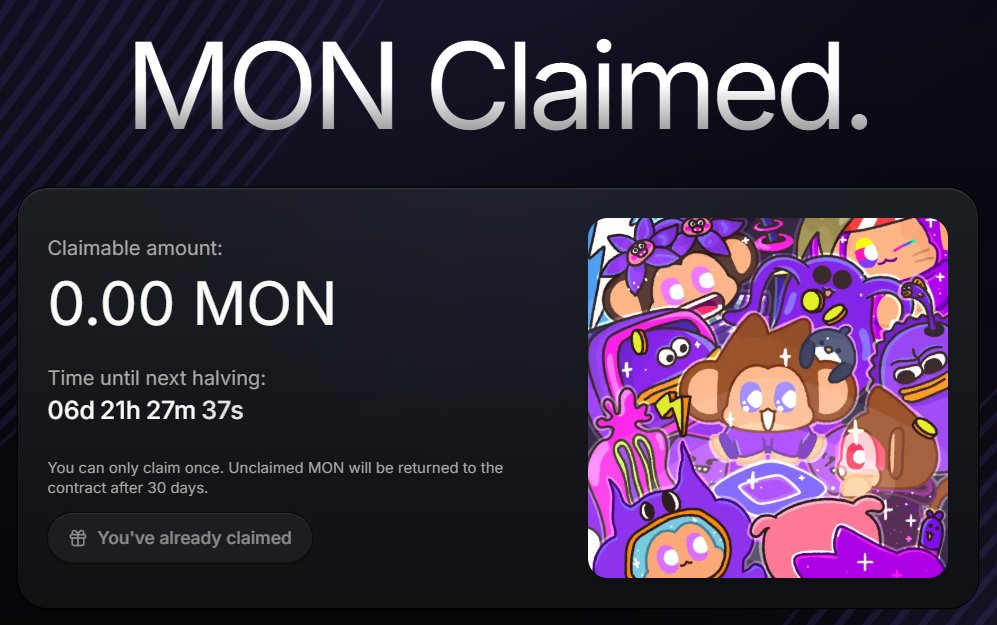 All Chimpers have been airdropped a Purple Pass SBT which can be used to claim <a href="/monad/">Monad ⨀</a> Testnet tokens. 

This is a special invitation for <a href="/ChimpersHQ/">Chimpers</a> to explore and experience the Monad Testnet. I’ve claimed 300 Testnet tokens.