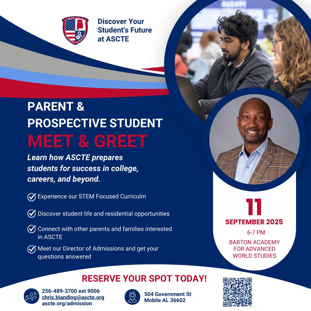 📣 Attention South Alabama! ASCTE is hosting a prospective parent and student meet &amp; greet in Mobile 🎓✨

📅 Sept 11 | 🕕 6–7 PM
📍 Barton Academy for Advanced World Studies

Discover our STEM-focused curriculum, student life &amp; more. Reserve your spot TODAY!