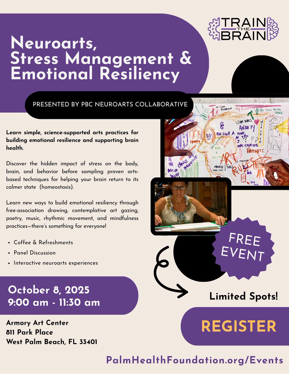 🎨 Stressed? Discover how ART can heal your brain! Join us on October 8 for: Neuroarts, Stress Management &amp; Emotional Resiliency!

✓ Free-association drawing
✓ Poetry &amp; music therapy
✓ Mindfulness practices
✓ Coffee &amp; panel discussion

👉PalmHealthFoundation.org/Events