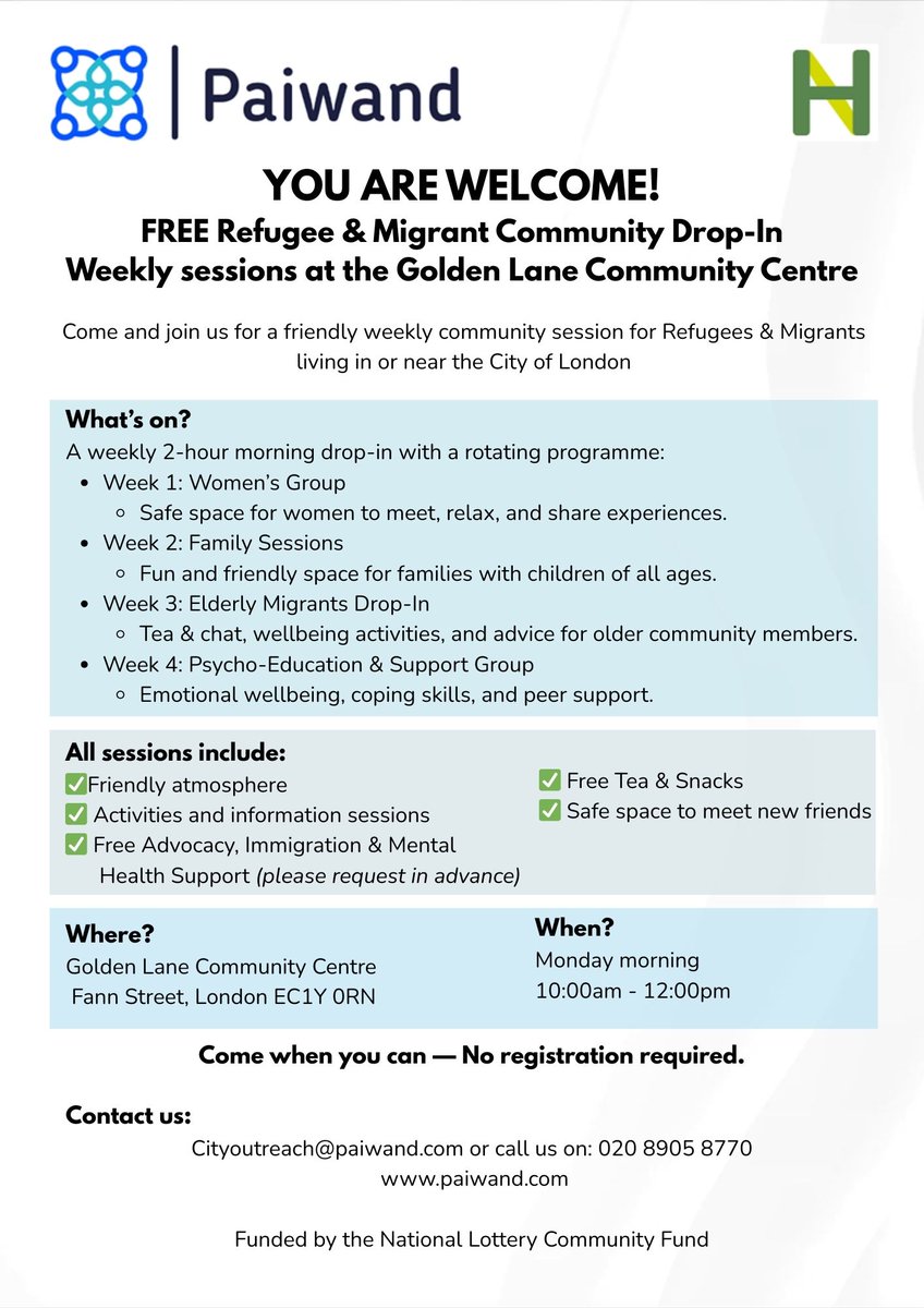 Come and join our friendly weekly community session for refugees and migrants, free of charge.

Sessions will be held at Golden Lane Community Centre (London), on Mondays 10:00am-12:00pm.