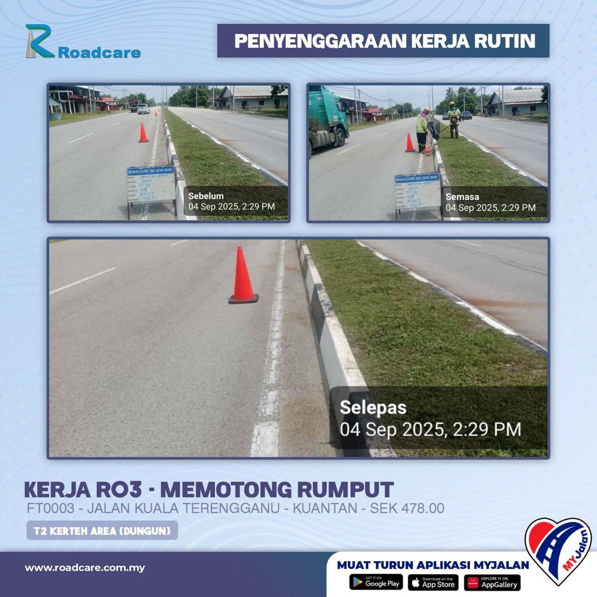 🚧 Kerja Penyenggaraan Rutin R03 - Memotong Rumput

4 September 2025 | Kerja pembersihan R03 di FT0003 sek. 478.00 daerah #Dungun disenggarakan oleh #teamroadcare bagi keselamatan pengguna jalan raya.
#InfoJKR #InfoKKR

<a href="/CSFJ_JKR/">Cawangan Senggara Fasiliti Jalan (CSFJ)</a> <a href="/JKRDungun/">JKR Dungun</a> <a href="/Roadcare_HQ/">ROADCARE (M) SDN BHD</a>

📷;