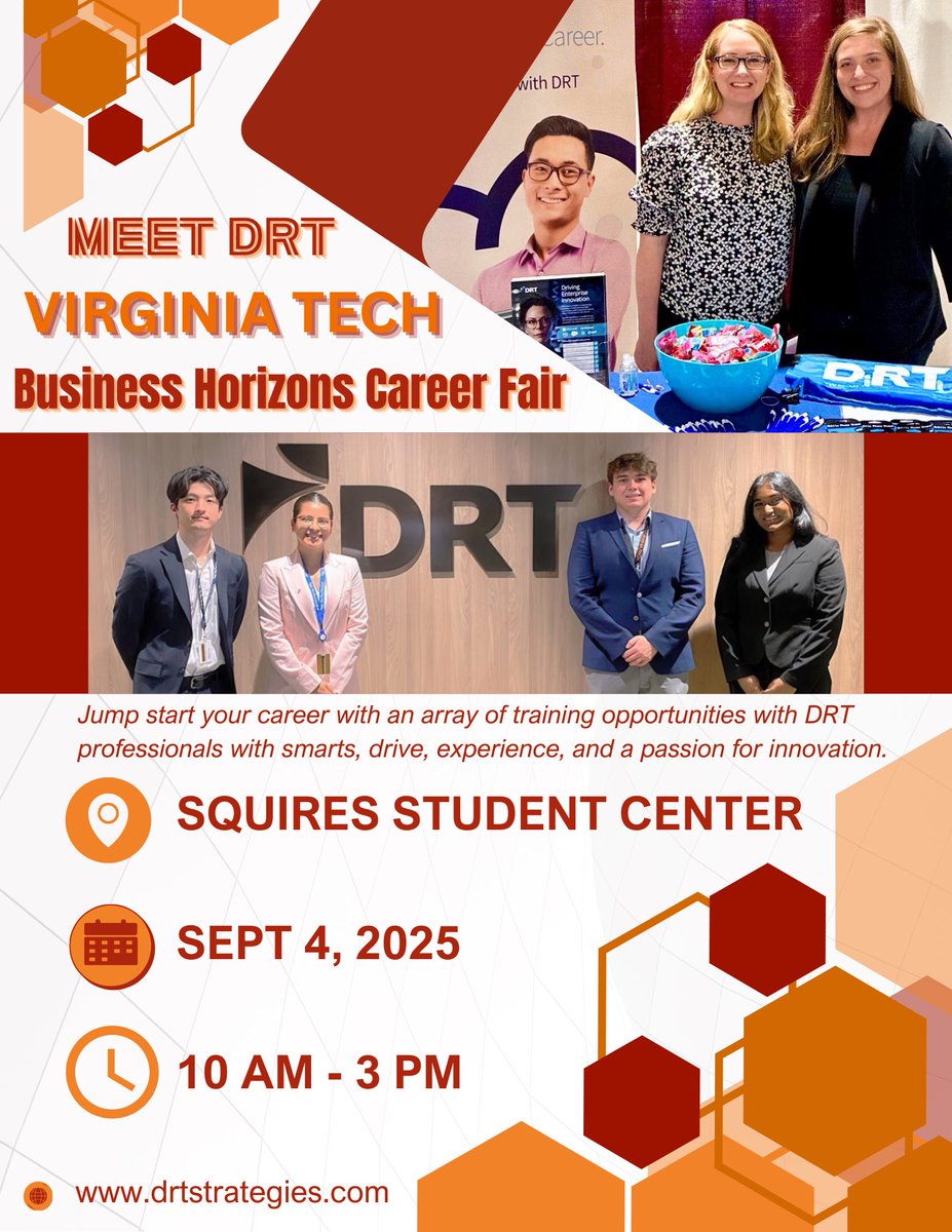 📣 Hey #Hokies! We’re live at the Business Horizons Career Fair!

📍 Squires Student Center
🕙 10:00 AM – 3:00 PM

Come meet the #DRT team - plus some fellow Hokies who interned with us this summer to learn what it’s like to launch your career with us — We can’t wait to meet YOU!