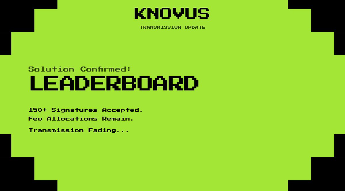 Protocol update: 

Solution to Transmission 002 confirmed -> LEADERBOARD.

150+ signatures have been accepted. 
A limited number of allocations remain.

The transmission signal is degrading. 
Respond now to record your contribution.