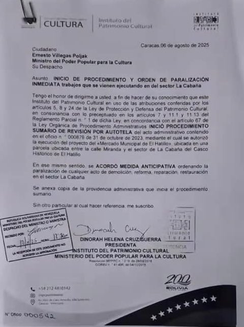 El Instituto de Patrimonio Cultural (IPC), adscrito al <a href="/minculturave/">Ministerio del Poder Popular para la Cultura</a>, bajo el principio de auto tutela administrativa, que le permite revisar o revocar sus propios actos, ordena la paralización inmediata de los trabajos que se vienen ejecutando asociados al Plan Especial sector