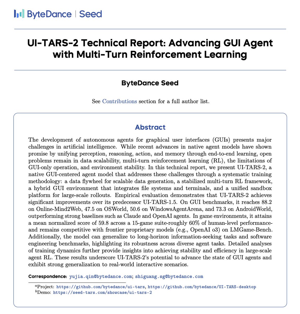We can finally share UI-TARS-2🥳🥳  — a native GUI agent trained with multi-turn agent RL

⚡️⚡️Key highlights (all-in-one model!):

💻Computer Use:  47.5 OSWorld · 50.6 WindowsAgentArena

📱Phone Use: 73.3 AndroidWorld

🛜Browser Use: 88.2% Online-Mind2Web

🎮Gameplay: ~60% human