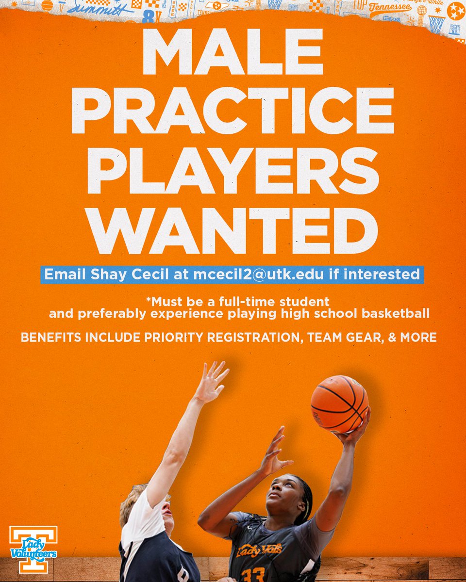 LadyVol_Hoops's tweet image. Want to practice with the Lady Vols? 🏀 

We are searching for male practice players for the 2025-2026 season!! 

Email mcecil2@utk.edu for more information.