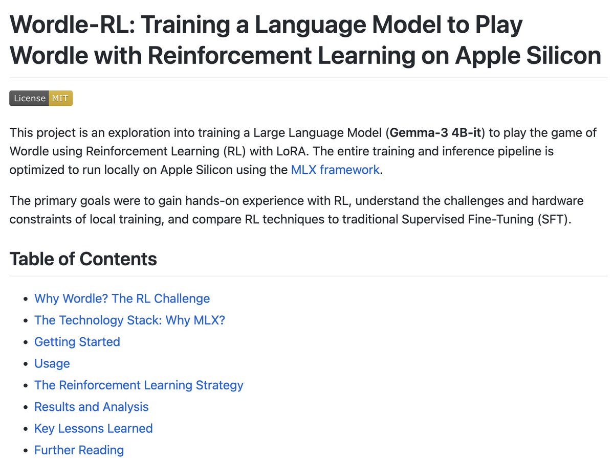 Fun + informative article on using RL to train Gemma-3 to play Wordle. All done locally with MLX: