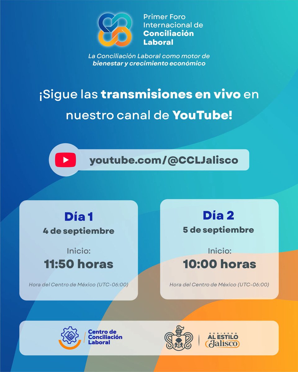 📢 ¡Sigue en vivo el #ForoInternacional de Conciliación Laboral!

🗓️ 4 y 5 de septiembre
📍 Puerto Vallarta, Jalisco

🔴 Transmisión en nuestro canal de YouTube 👉 youtube.com/@CCLJalisco/st…

#ConciliaciónLaboral #PuertoVallarta2025 #AlEstiloJalisco