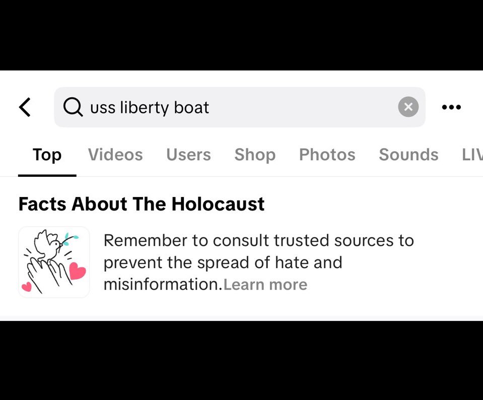 AdameMedia's tweet photo. BREAKING: TIKTOK CENSORS USS LIBERTY WEEKS AFTER HIRING ISRAELI 

Searches for the USS Liberty, the US ship attacked by Israel, will now direct you to a reminder of the Holocaust instead 🤦🏻‍♂️

This comes just weeks after they hired Erica Mindel, former IDF as hate speech Manager. https://t.co/CqMqE630o0