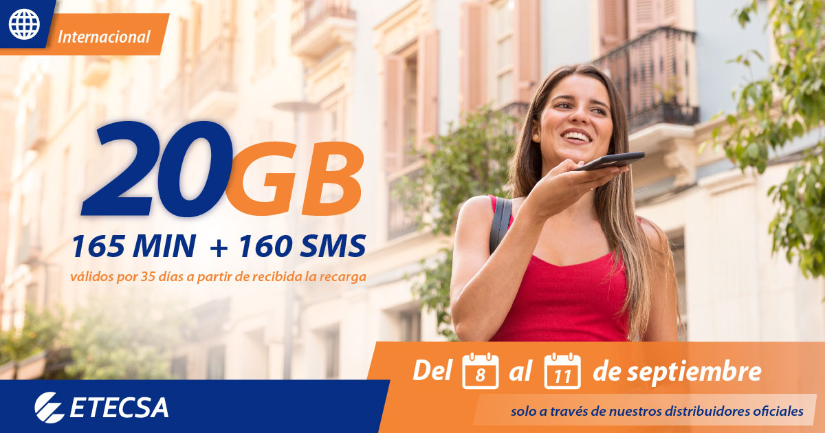 Del 8 al 11 de septiembre, si le compran una oferta por un costo de 600CUP desde el exterior a través de nuestros distribuidores internacionales, obtendrás bonificaciones: 20GB de datos 165 MIN de voz , 160SMS. Visite la etecsa.cu. #RecargaInternacional
