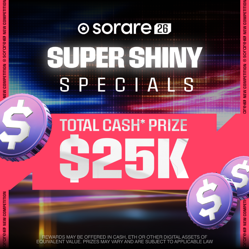 Sorare's tweet photo. ✨ Super Shiny Special Events

Your Shiny pulls could unlock one of Sorare’s most exclusive competitions 👀

🏆 2 competitions, 1 leaderboard each
💫 Super Shiny Big 4 &amp; Super Shiny Continental
💰 $25,000 prize pool
🎴 Min.4 Shiny Animated Special Editions required

Read more 👇
