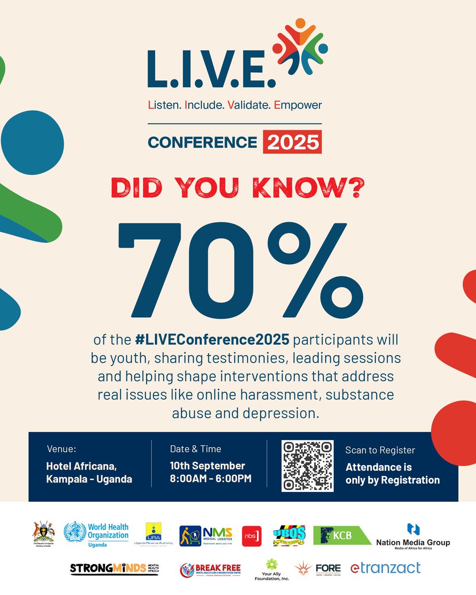 🎉 70% of #LIVEConference2025 participants will be #youths! They will share powerful testimonies, lead sessions,help shape solutions addressing critical issues like suicide, depression etc 🇺🇬

The youth voice at L.I.V.E is key to driving real change ✨🗣️ #BecauseEveryLifeMatters