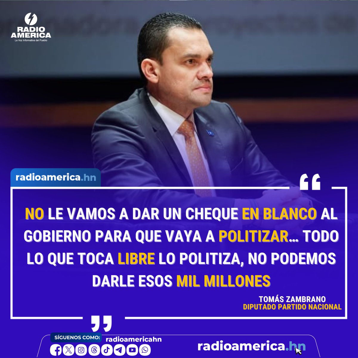 El diputado y jefe de la bancada nacionalista, Tomás Zambrano, se pronunció tras la suspensión de la sesión en el Congreso Nacional, donde estaba prevista la aprobación de más de 1,100 millones de dólares en préstamos. Señaló que Libre busca usar esos fondos con fines políticos.