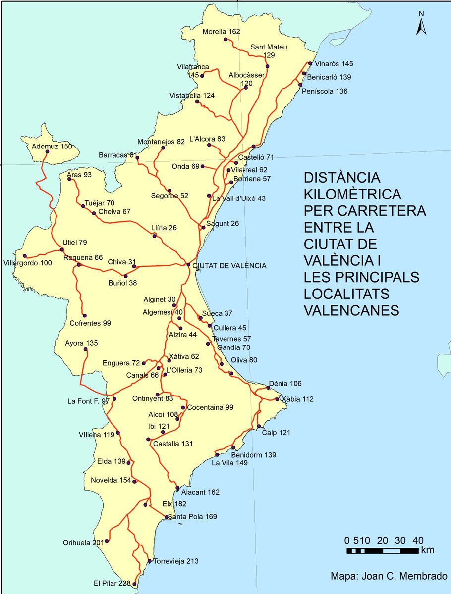 Distància kilomètrica per carretera entre la Ciutat de València i les principals localitats valencanes
