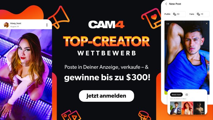 Verkaufe Content, verdiene cash &amp; gewinne Preise! 💰💸

Deine heißen Fotos und Videos - neu und alt - sichern Dir die Gewinnchance auf bis zu 300$! 
Jetzt mitmachen – vielleicht gehst Du als CAM4-Gewinner hervor! 🥇

#CAM4 #topcreator #contest #spicy #hot #content #win #cash #now