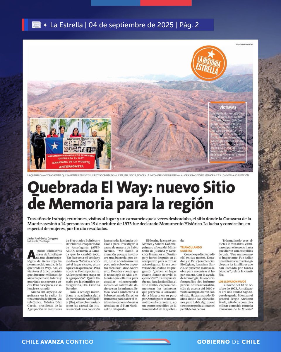 📢 La Quebrada El Way, sitio donde la Caravana de la Muerte ejecutó a 14 prisioneros políticos en 1973, fue declarada Monumento Histórico.
Un hito en memoria y DD.HH. a 52 años del golpe de Estado.