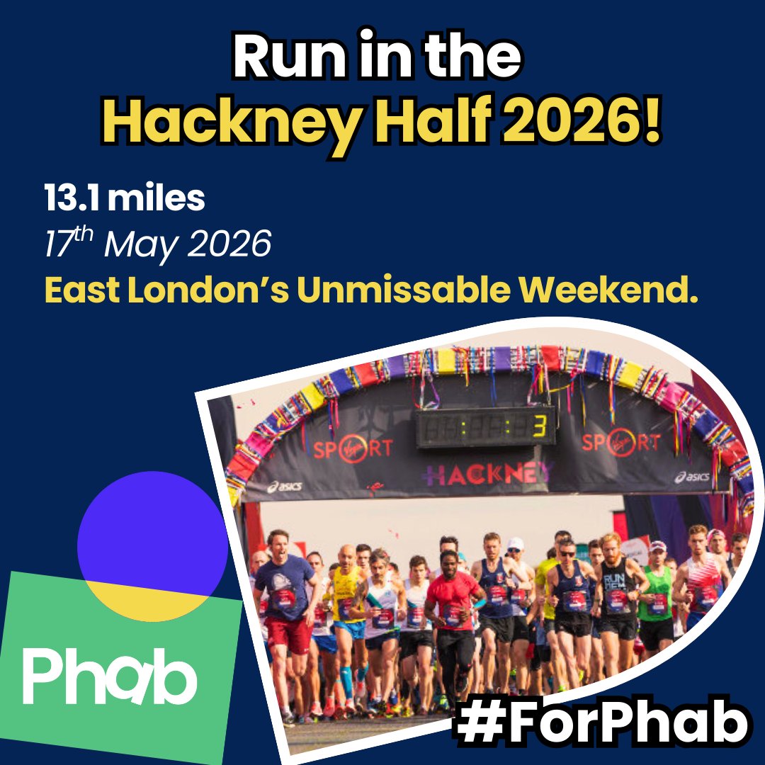 phab_charity's tweet image. The @HackneyMoves Half Marathon 2026 is sold out… unless you run #ForPhab! 🏃‍♂️✨

On Sun 17th May, take on 13.1 miles through #EastLondon with street art, live music &amp;amp; epic crowd support. 🎨🎶👏

Low fundraising, free vest &amp;amp; full support. Sign up now! 🙌

runforcharity.com/phab/hackney-h…