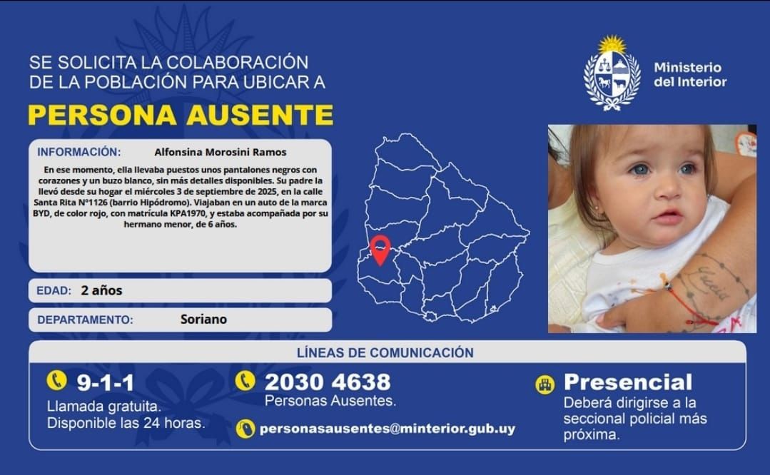 🔴 Alfonsina de 2 años y Francisco de 6 están desaparecidos y fueron robados por Andrés Morosini, su padre, hombre de 28 años, requerido por violencia doméstica e incumplimiento de medidas cautelares.