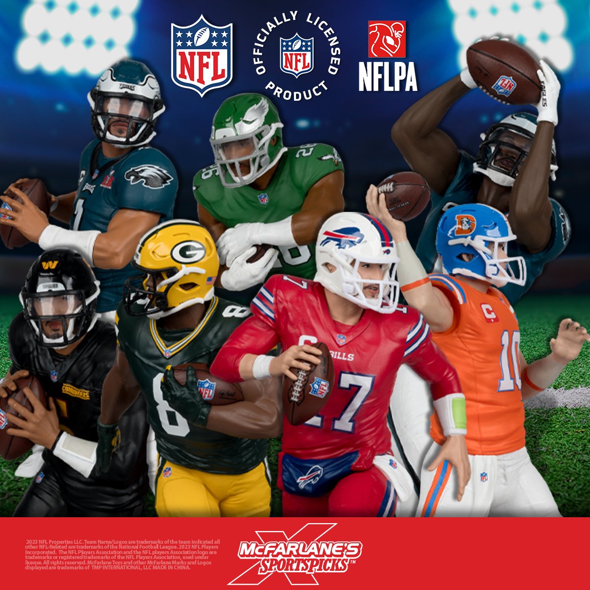 mcfarlanetoys's tweet photo. We're celebrating the return of the football season with an all NEW WAVE of 7" scale posed figures! Available for pre-order NOW at select retailers. 
➡️ https://t.co/cZfPb8fHQV

This wave features some of the hottest stars in NFL today: Josh Allen, A.J. Brown, Josh Jacobs, Jalen Hurts, Bo Nix, Jayden Daniels and Saquon Barkley!  Each figure includes a reversable backdrop and base. Officially licensed by the NFL and NFLPA. 

#McFarlaneToys #McFarlanesSportsPicks #NFL #NFLPA #NFLFigures