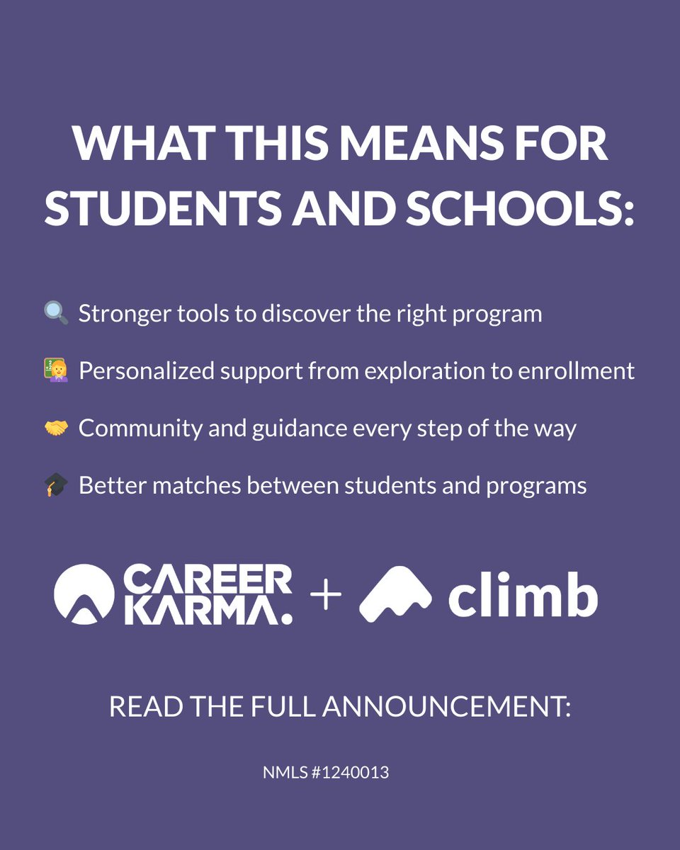 Career_Karma's tweet image. We’re excited to share that Career Karma has been acquired by @ClimbCredit — bringing together two mission-driven platforms to expand access to career training. 

Together, we’ll help learners move from program discovery to enrollment with more clarity. prnewswire.com/news-releases/…