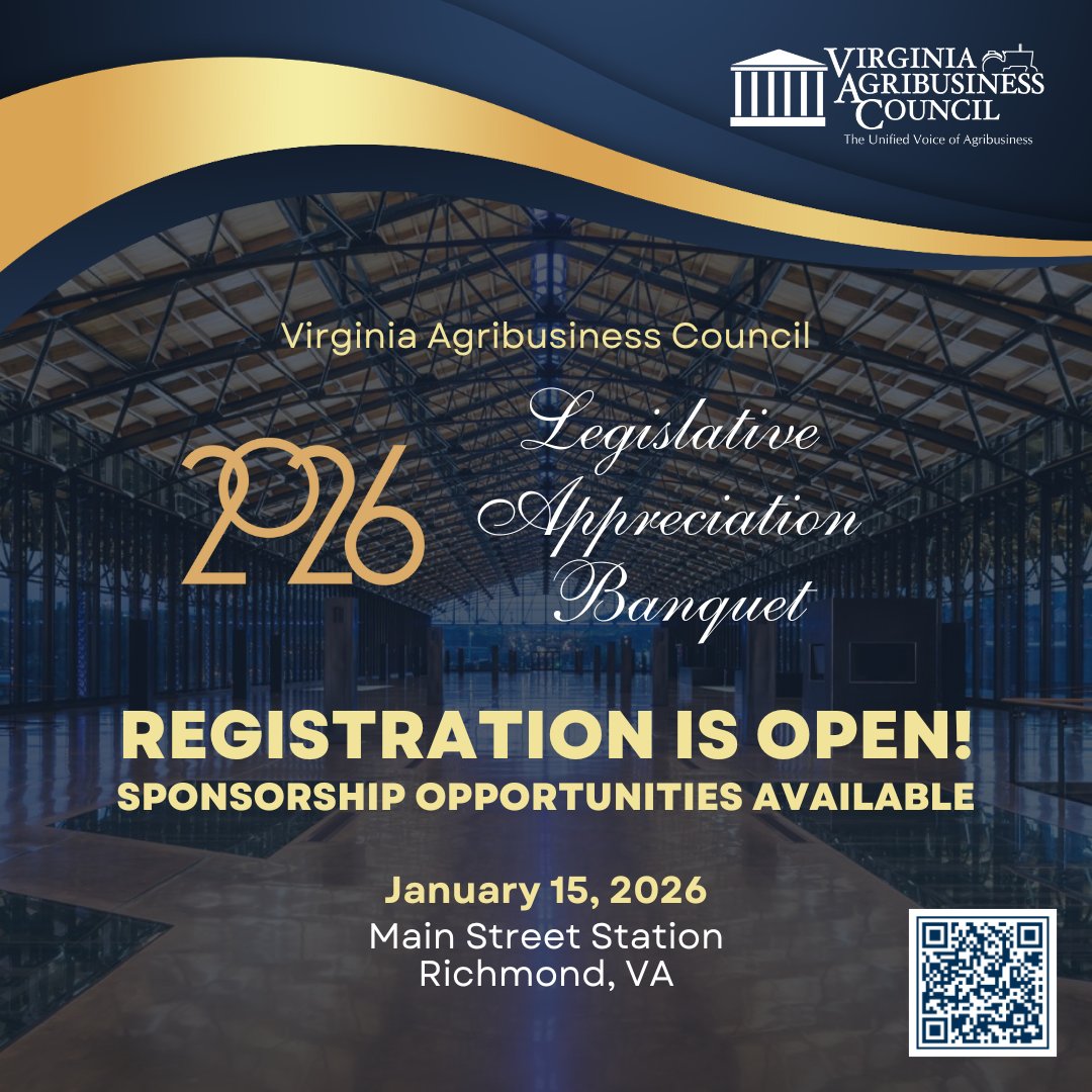 VaAgriBiz's tweet image. We are excited to announce that ticket sales and sponsorship opportunities are now open for our 54th Annual Legislative Appreciation Banquet on Thurs, Jan 15, 2026! This is a sell out event so be sure to register today while tickets are available! va-agribusiness.org/event-6240526