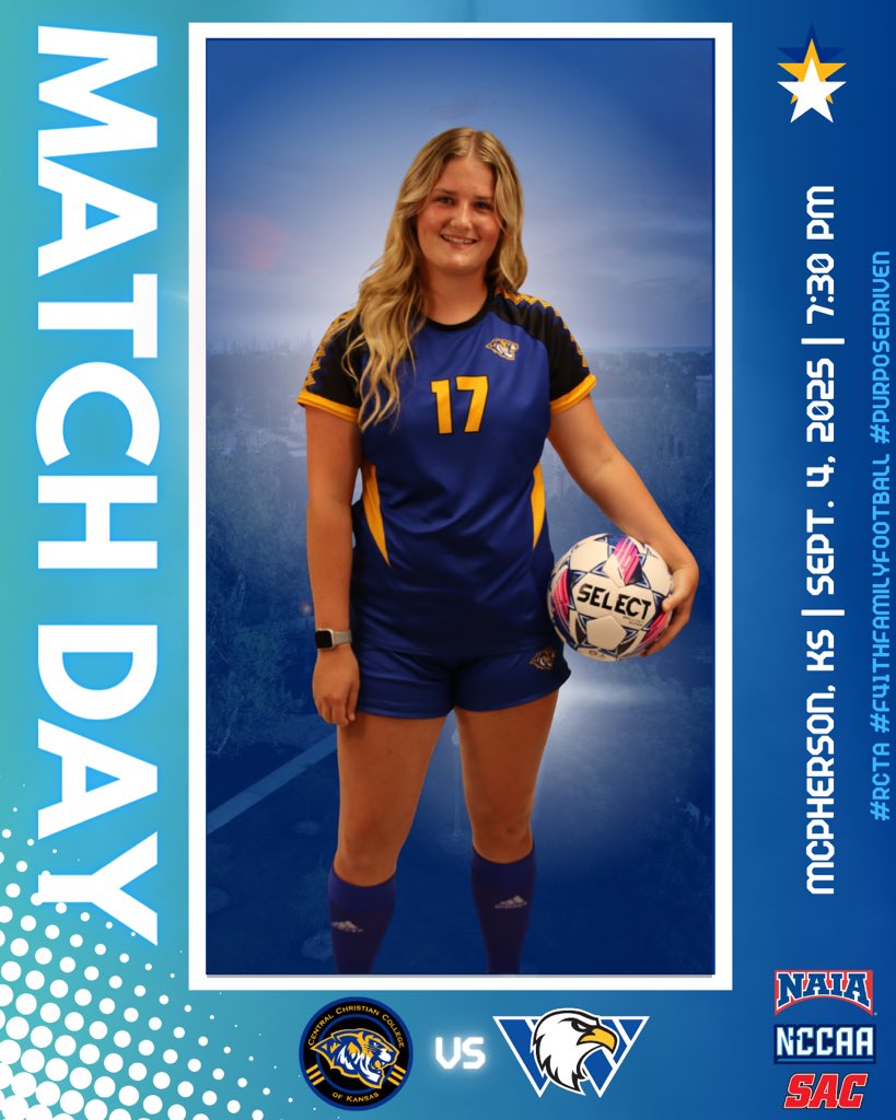 Match Day #4!
🆚 Williams Baptist University
⏰ 7:30 pm
🏟️ Central Soccer Field
📍 McPherson, KS
💻 team1sports.com/CCCKTigers/
💲 7.50 adults, Central Students free with ID
#F41thFamilyFutbol #RCTA #PurposeDriven