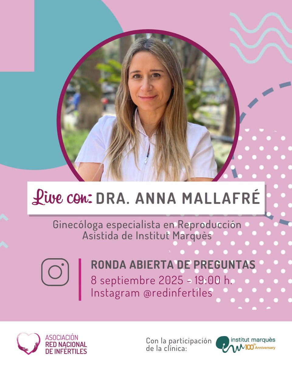 Red Infertiles (@redinfertiles) on Twitter photo 📍 EXPERTO RESPONDE LIVE.
Nos vemos el lunes 8 de septiembre para hablar sobre infertilidad y reproducción asistida y resolver todas vuestras dudas.
👨⚕️⚕️Contaremos con la Dra. Anna Mallafré, Ginecóloga especialista en Reproducción Asistida de <a href="/imarques_ES/">Institut Marquès</a>
¡Aprovecha para 📍 EXPERTO RESPONDE LIVE.
Nos vemos el lunes 8 de septiembre para hablar sobre infertilidad y reproducción asistida y resolver todas vuestras dudas.
👨⚕️⚕️Contaremos con la Dra. Anna Mallafré, Ginecóloga especialista en Reproducción Asistida de <a href="/imarques_ES/">Institut Marquès</a>
¡Aprovecha para